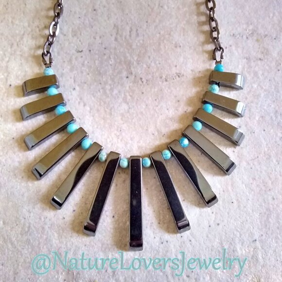 Ocean Soul & Earth Strength. Unique Hematite + Larimar Fan Necklace - Picture 2 of 8